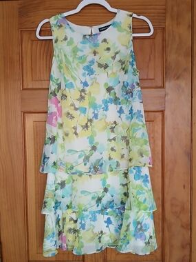 American Living Pastel Floral Tiered Mini Dress - Blue, Green, Yellow, Pink